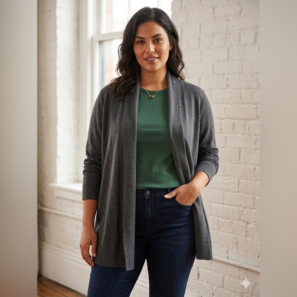 Eileen Fisher Open-Front Mid Length Charcoal Gray Cardigan 100% Merino‎ Wool